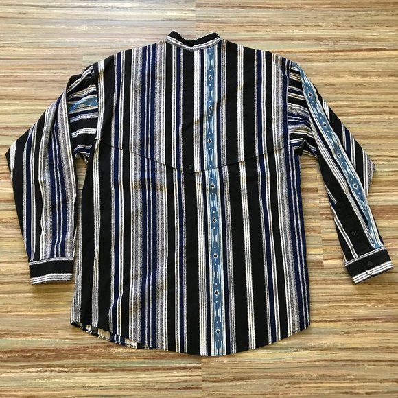 Panhandle Slim Men's Band Collar Western Shirt with Yoke Overlay Blue Stripe - Picture 6 of 6